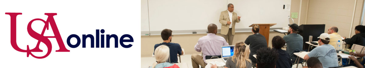 USAonline logo with image of a professor teaching in front of a classroom full of students