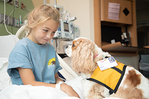 Little girl in hospital bed with dog during pet therapy.
